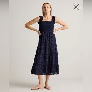Quince 100% Organic Cotton Eyelet Smocked Midi Dress | Navy | size Large